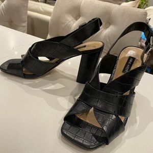 Nine West block heel sandals, black croc print, size 7.5